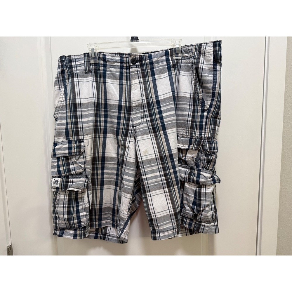 Lee‎ Dungarees Mens Plaid Cargo Shorts Blue White Cotton Size 42 2182038